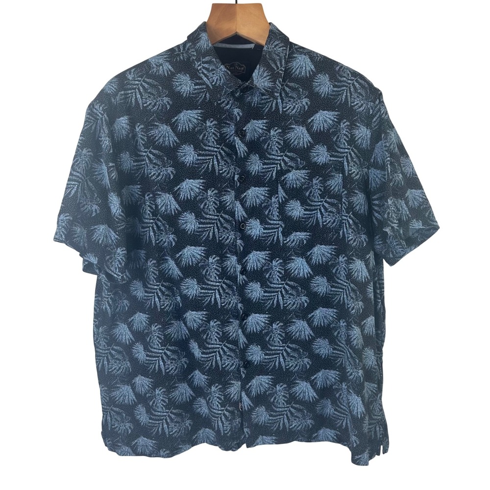 Nat Nast Mens XL Silk Cotton Palm Leaf Print Short Sleeve Button Down Shirt Blue
